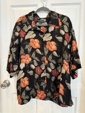 David Taylor Black Shirt with Orange and Cream Tropical Hibiscus